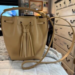 J Crew Leather Drawstring Tassel Bucket Crossbody Bag